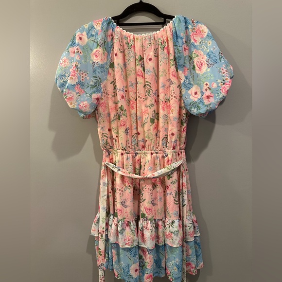 Love Colette Tiered Ruffle Hem Tie Waist Floral Lace Hem Dress Size S Pink Blue - Picture 6 of 8